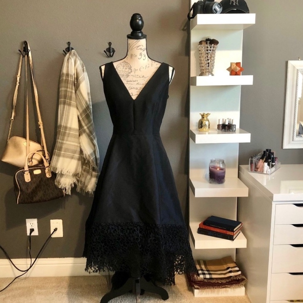 Elegant Black Lace Hem High Low Formal Cocktail Prom Wedding Dress size 14